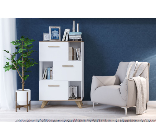 Шкаф низкий с нишами Вега Скандинавия (глянец, белый + дуб каньон)